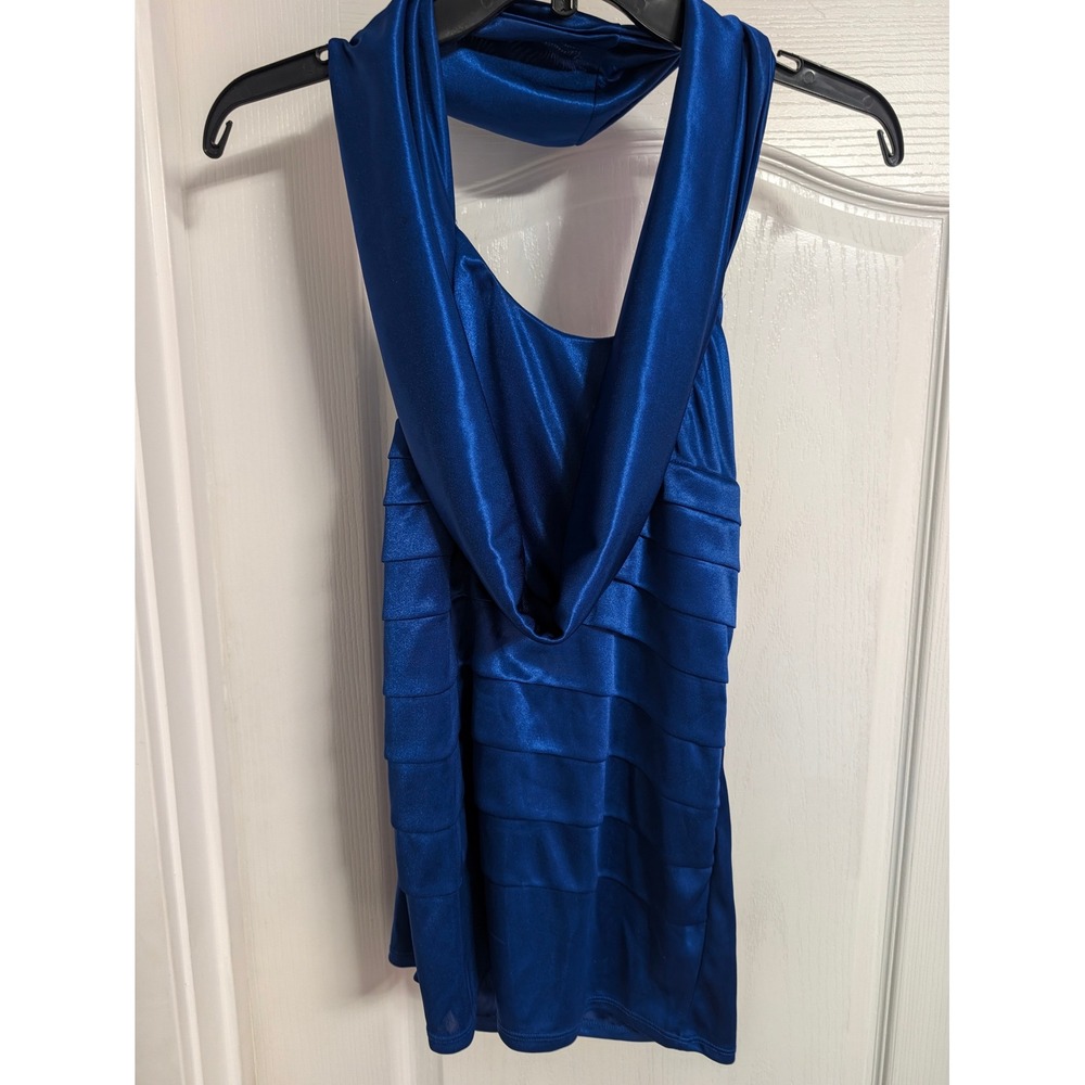 Studio Y Womens Royal Blue Halter Top Draped Cowl Neck Bandage Tiered Small
